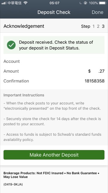 charles schwab mobile deposit finish status